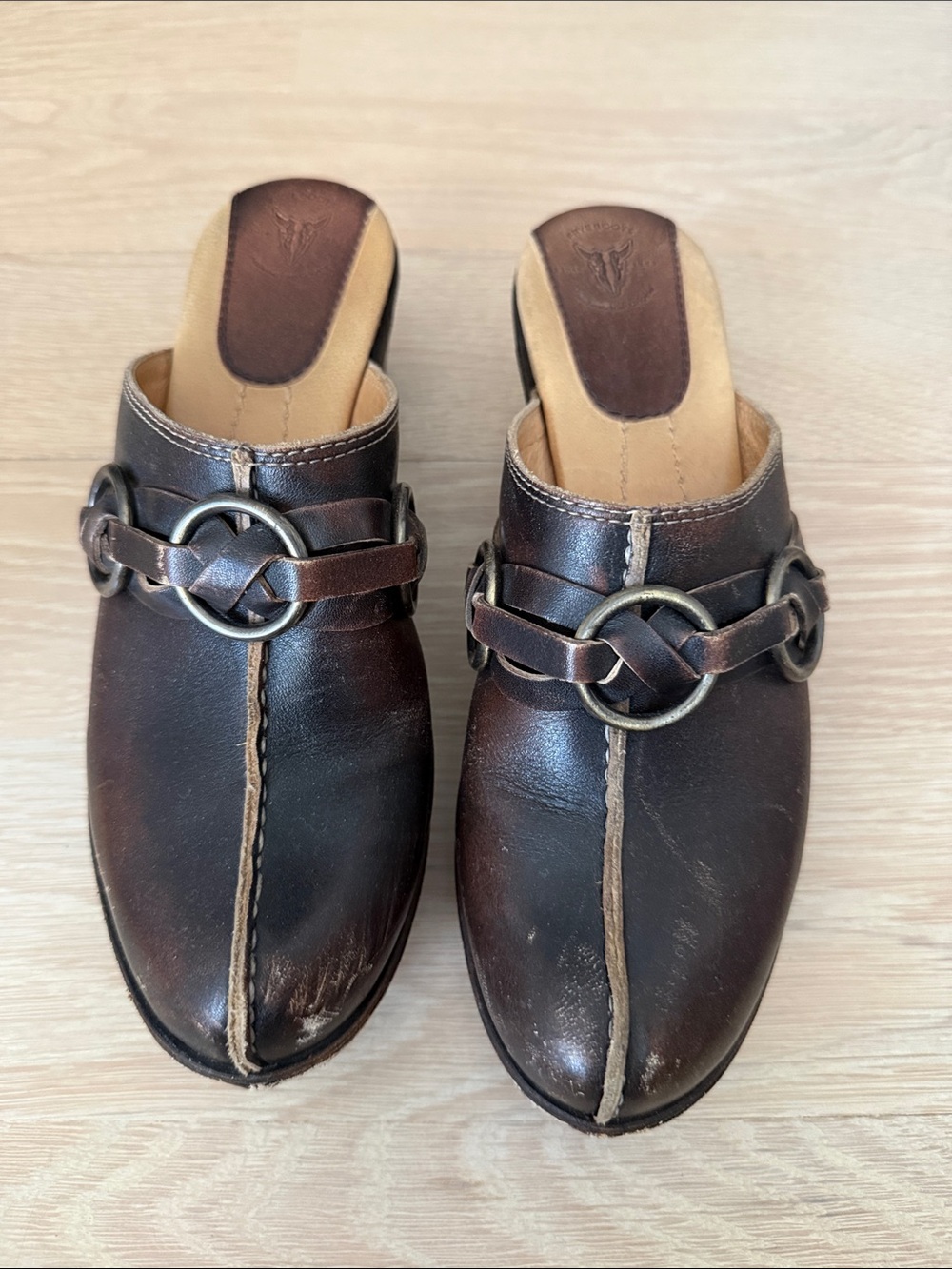 Frye womens Brown Leather Slip-On Clogs with Decorative Buckle